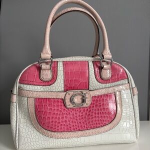 Guess 2000s Pink and Cream Croc-Embossed Satchel